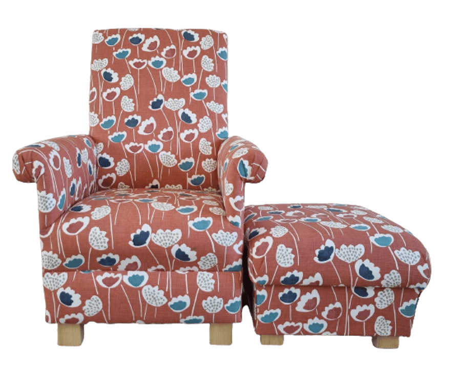 Prestigious Clara Coral Reef Fabric Adult Chair & Footstool Orange Armchair