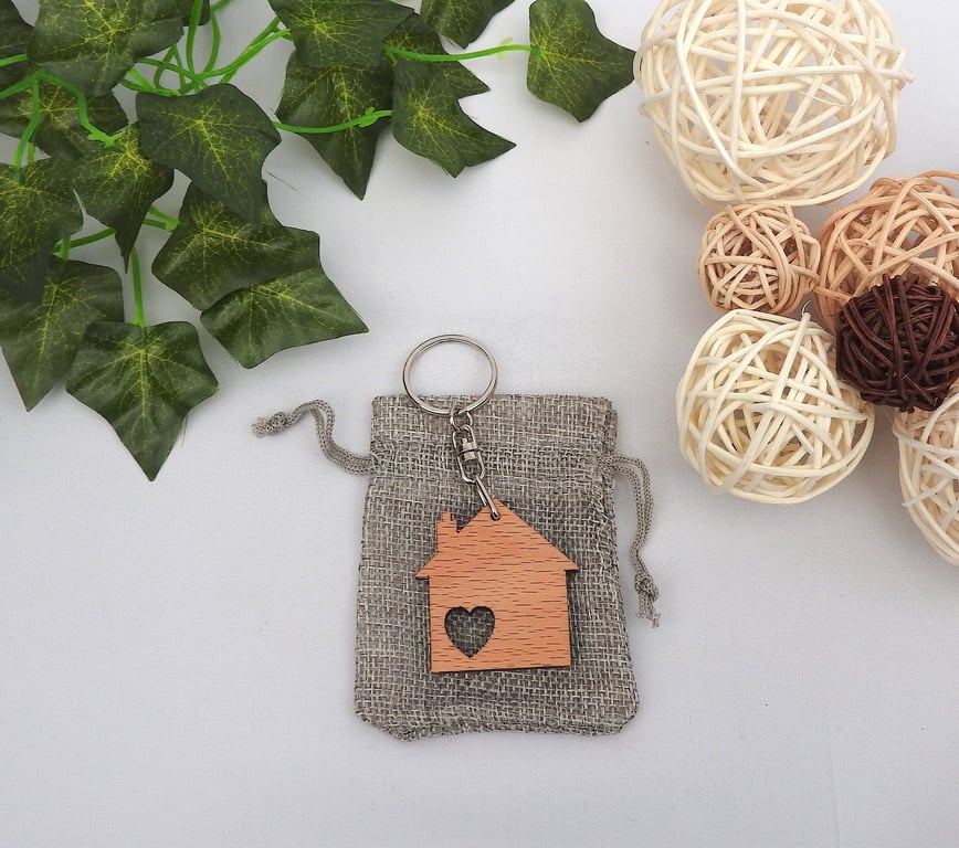 House Keyring, House Keychain, Wooden Keyring with Gift Bag