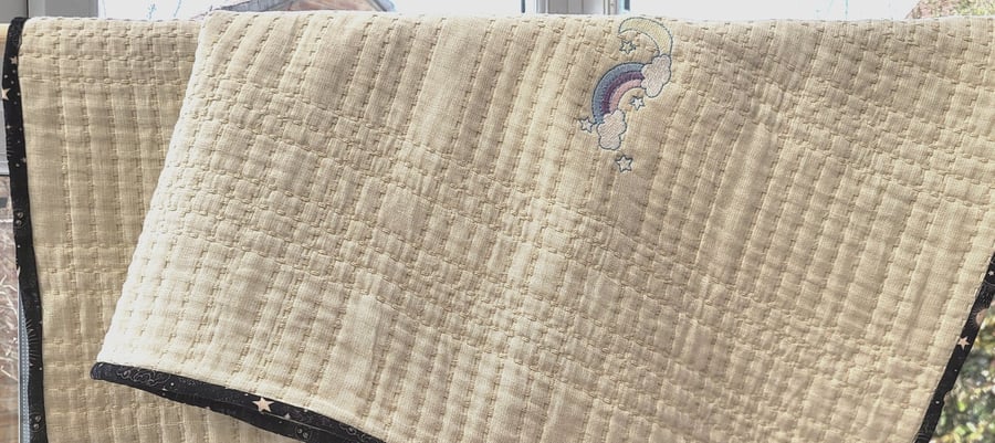 Adorable Handmade Cotton Baby Blanket with Rainbow & Cloud Embroidery