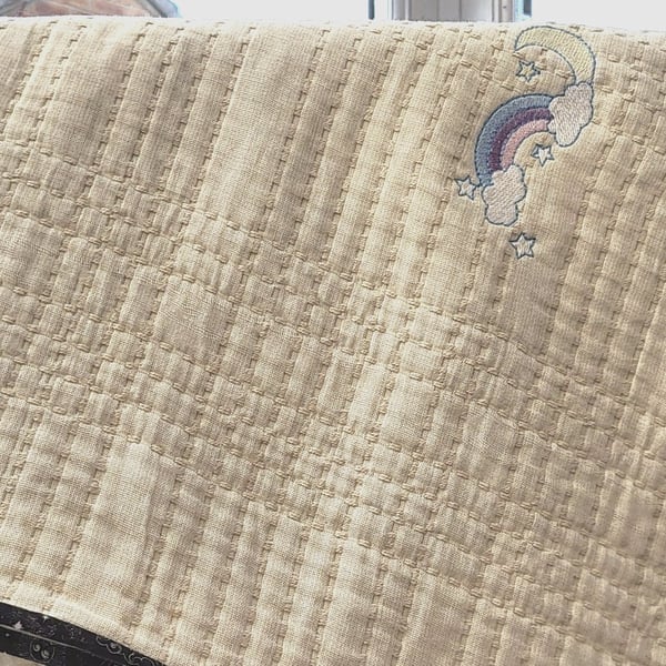 Adorable Handmade Cotton Baby Blanket with Rainbow & Cloud Embroidery