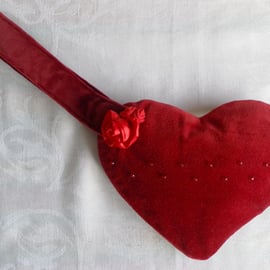 Red Velvet Heart Handbag, Beaded, Fabric Rose Detail