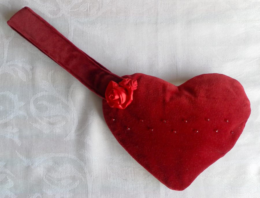 Red Velvet Heart Handbag, Beaded, Fabric Rose Detail