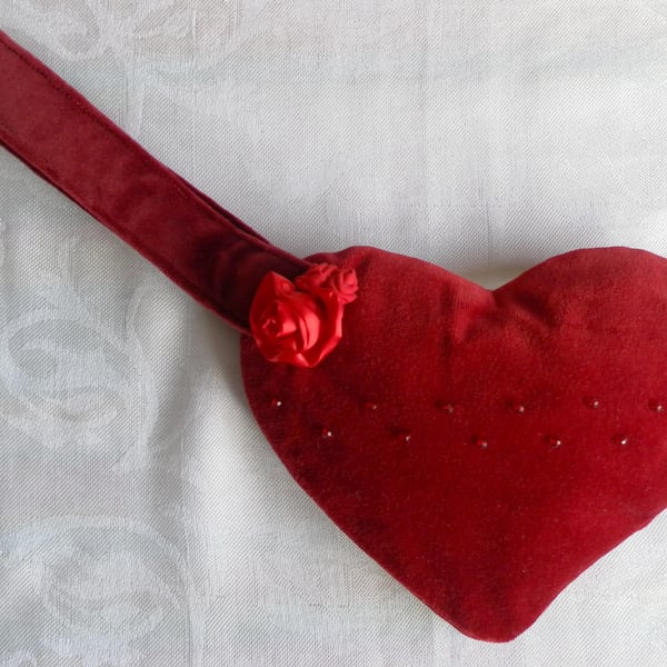 Red Velvet Heart Handbag, Beaded, Fabric Rose Detail