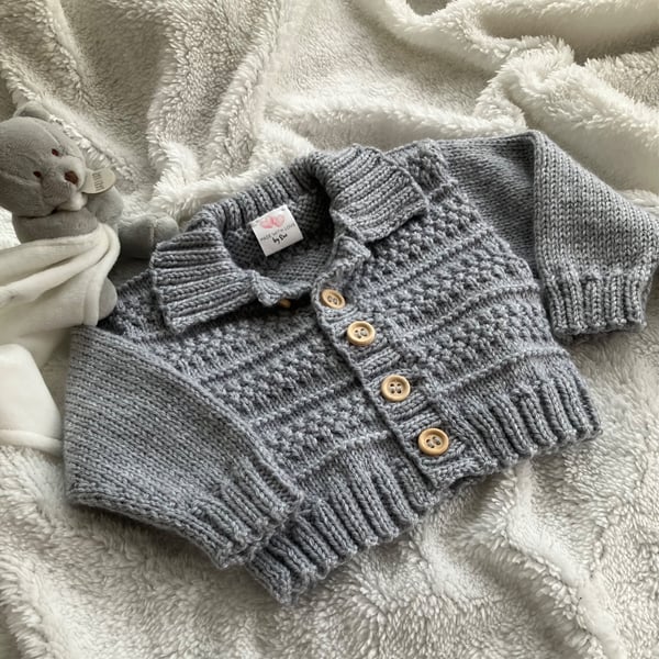 Hand knitted 'Oliver' Baby Boy's Cardigan (0-6 months)