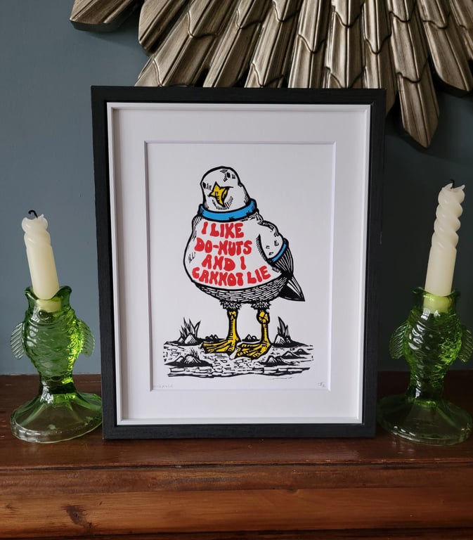 Sir Chips A Lot - handmade original linocut t shirt wearing seagull bird art pri