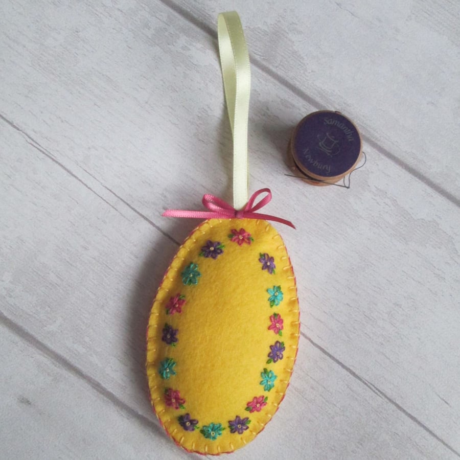 Hand Embroidered Felt Easter Egg, Spring Decoration, Yellow Floral
