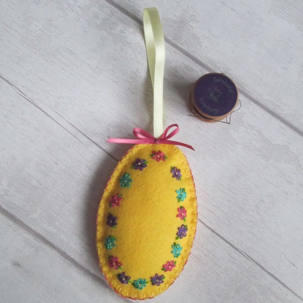 Hand Embroidered Felt Easter Egg Decoration, Spring Decoration, Yellow Floral