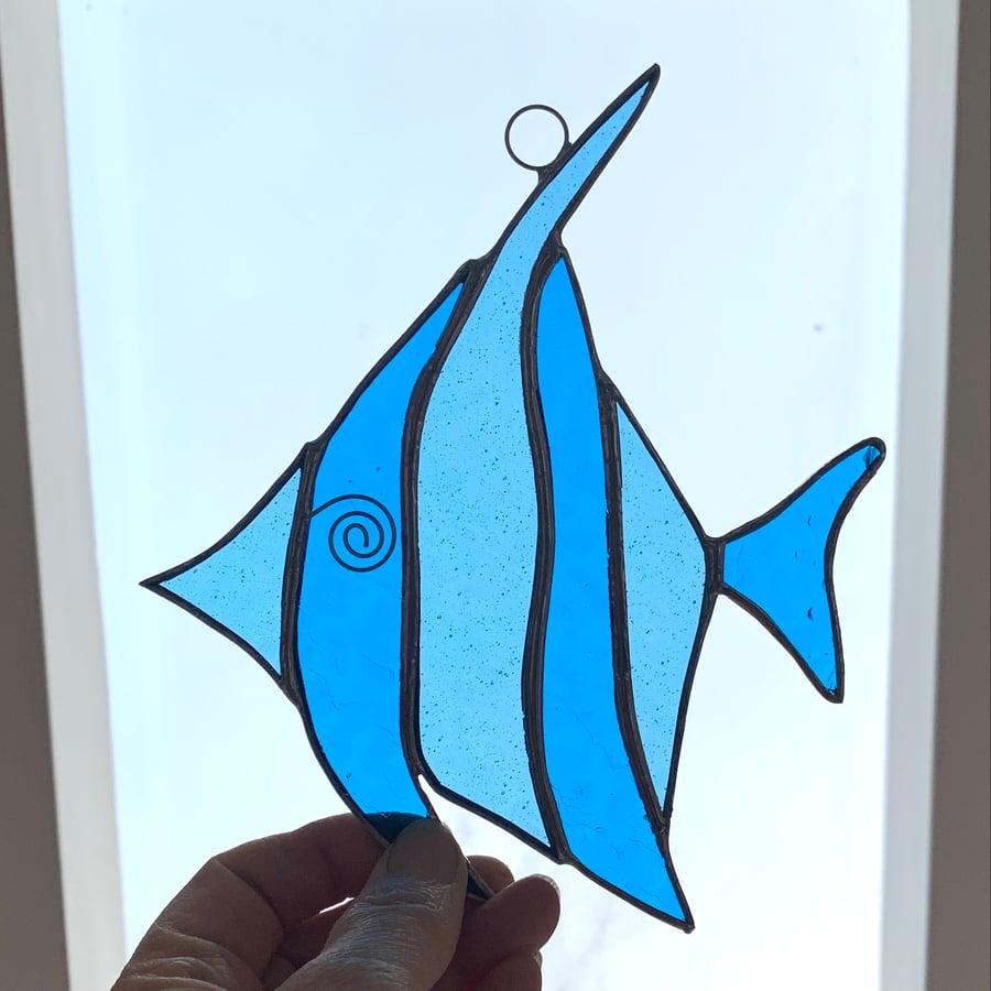 Stained Glass Angel Fish Suncatcher - Handmade Decoration -  Blue