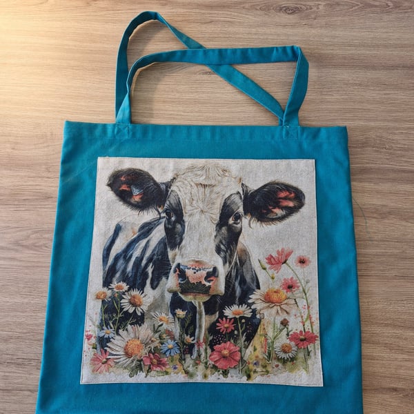 Handmade green cow tote bag 