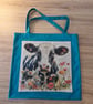 Handmade turquoise cow tote bag 