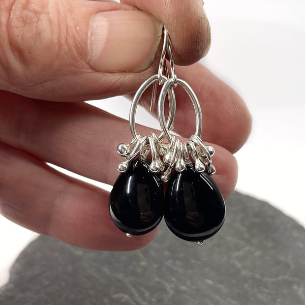 Silver and black onyx long dangly earrings