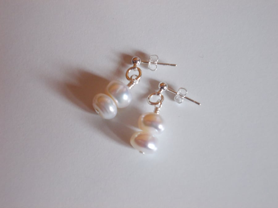 Freshwater cultured pearl button drop earrings