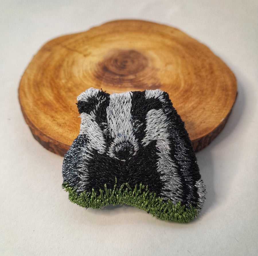 Hand Embroidered Metallic Badger Brooch