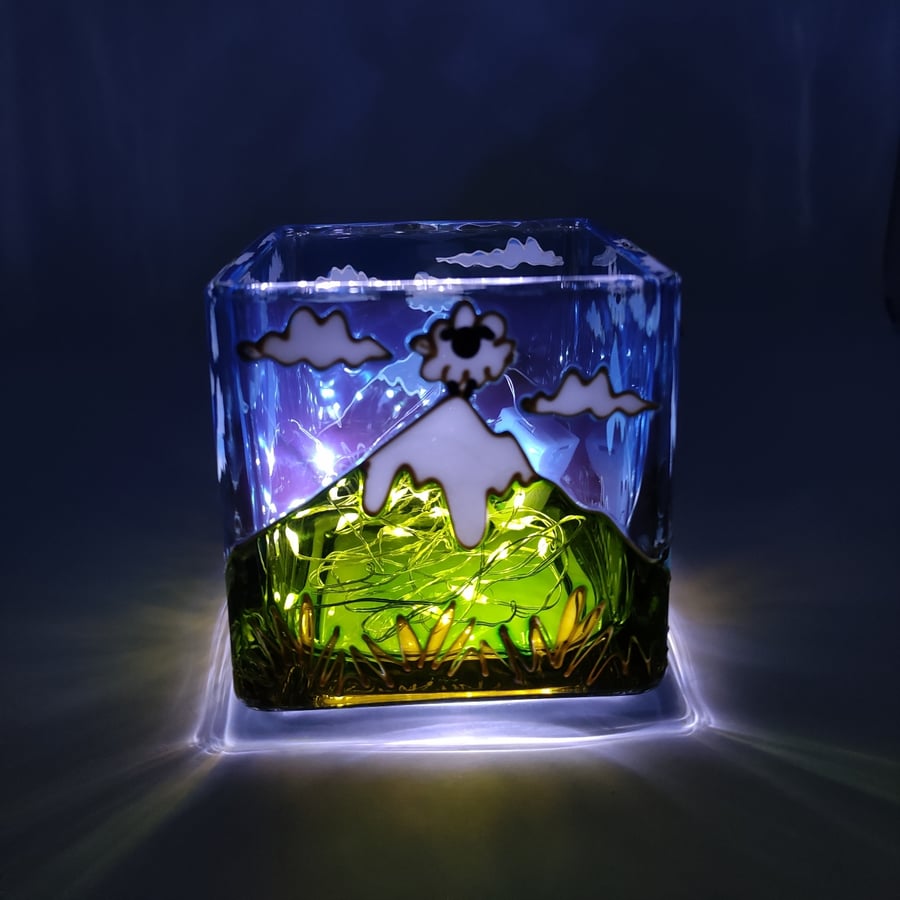 Candle holder, hand painted glass, sheep on mountains