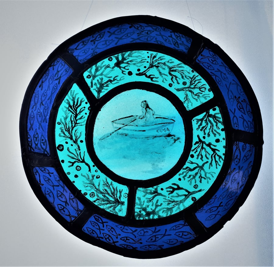 Drifting Away, Contemporary Stained Glass Roundel