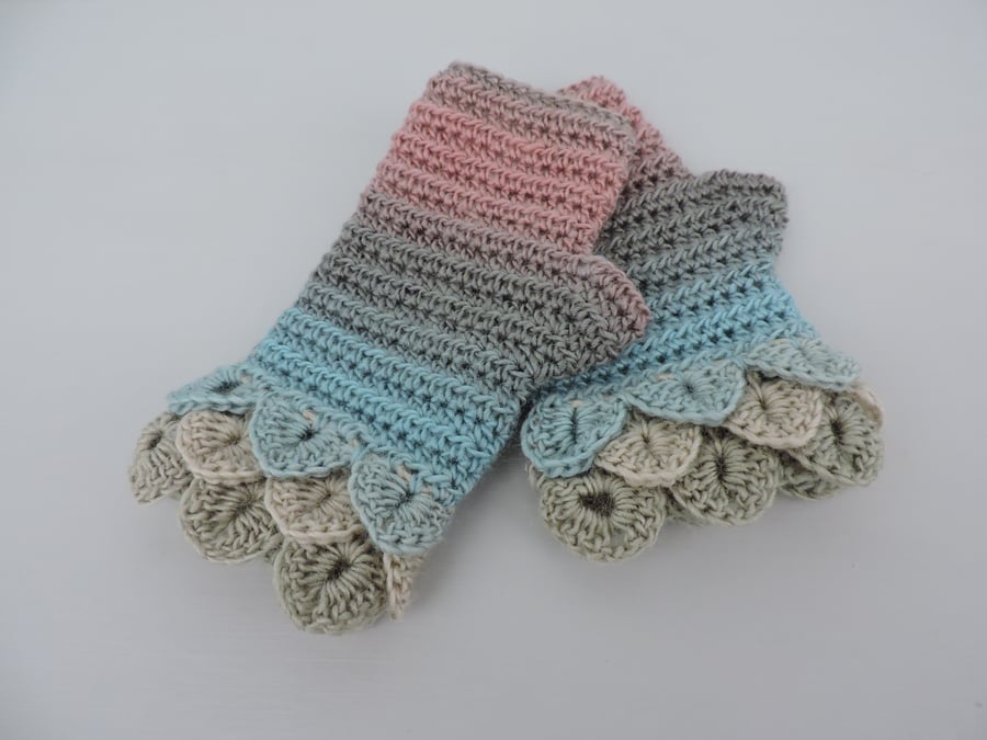 Fingerless Pastel Mitts with Dragon Scale Cuffs Pink Aquamarine Grey Pale Green