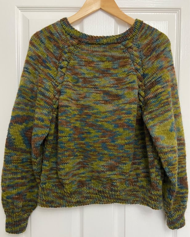 Hand knit Jumper - cable details and camo style 