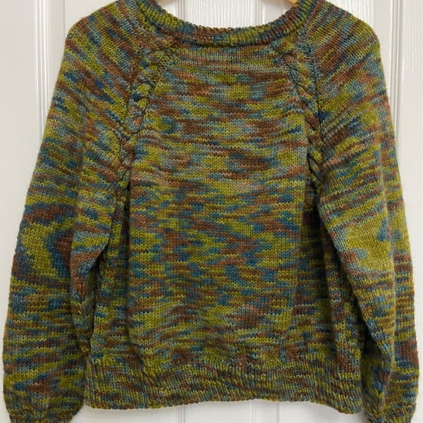 Hand knit Jumper - cable details and camo style 