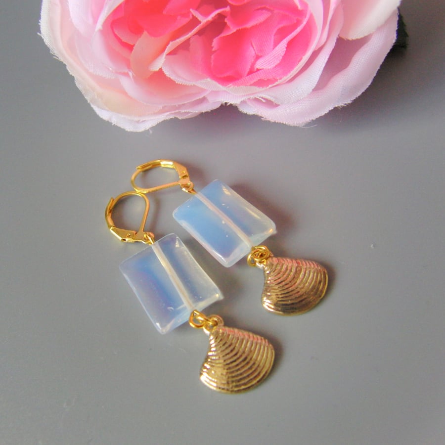  Milky White Rectangular Beaded Earrings with a Gold Plated Clam Shell Charm