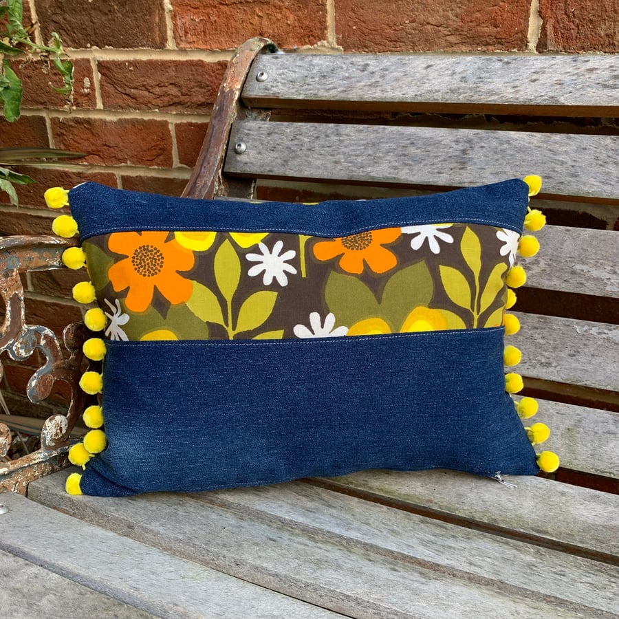 Reclaimed retro cotton and denim filled cushion
