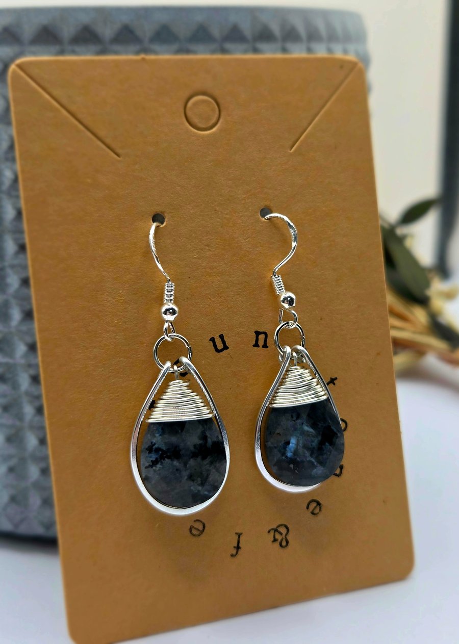 Larvikite Faceted Gemstone Wire-Wrapped Teardrop Earrings With Silver Frames