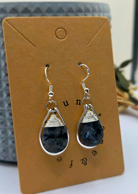 Larvikite Faceted Gemstone Wire-Wrapped Teardrop Earrings With Silver Frames