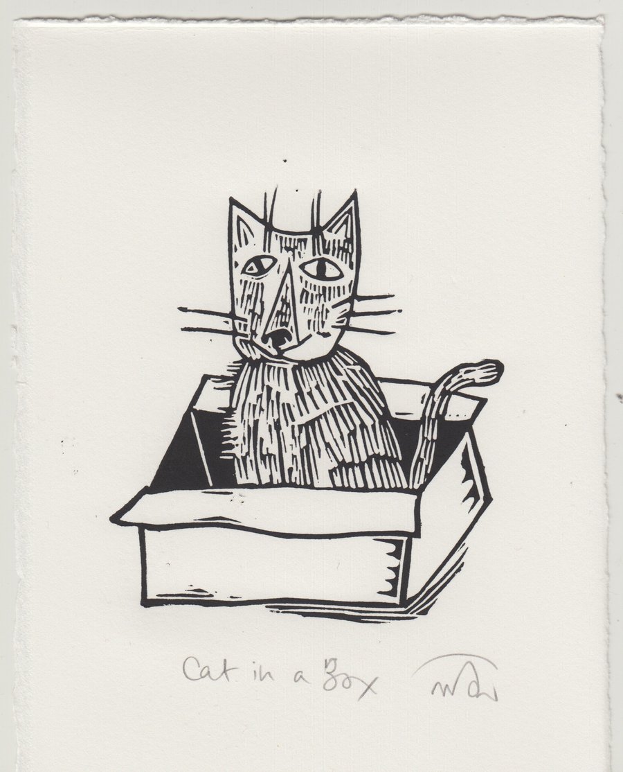 Cat in a Box - lino print