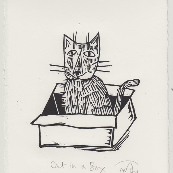 Cat in a Box - lino print