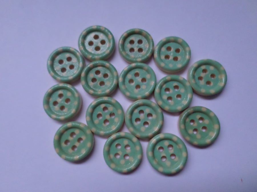 15 x 4-Hole Printed Wooden Buttons - Round - 15mm - Polka Dot - Bright Blue 