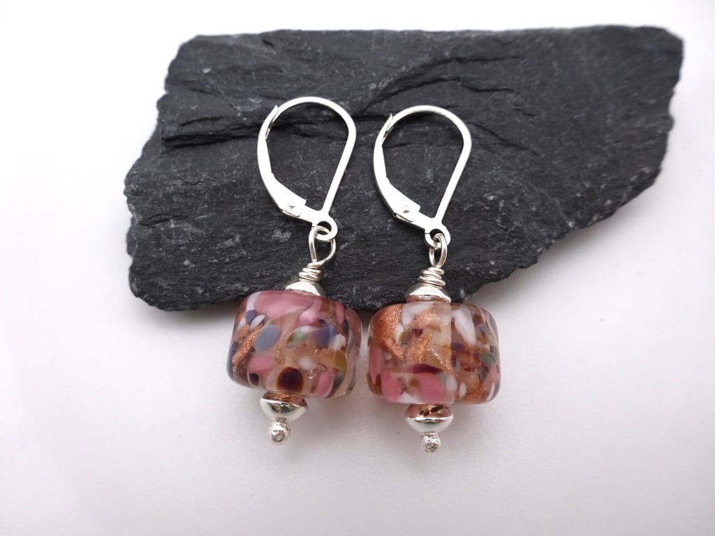 lampwork glass earrings, pink and brown