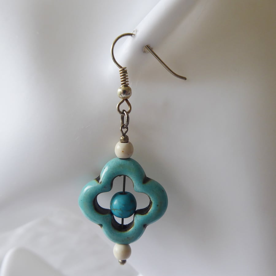 Dyed Turquoise Flower Earrings 