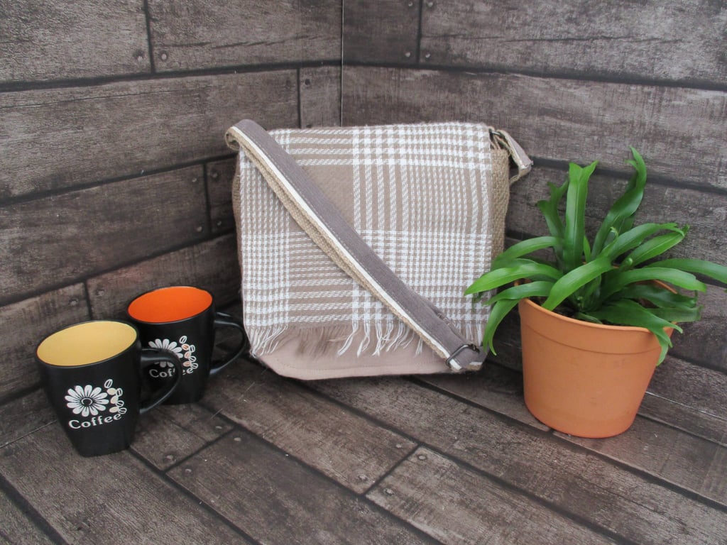 Upcycled Coffee Sack -  Crossbody Shoulder Bag - Beige and Cream Check