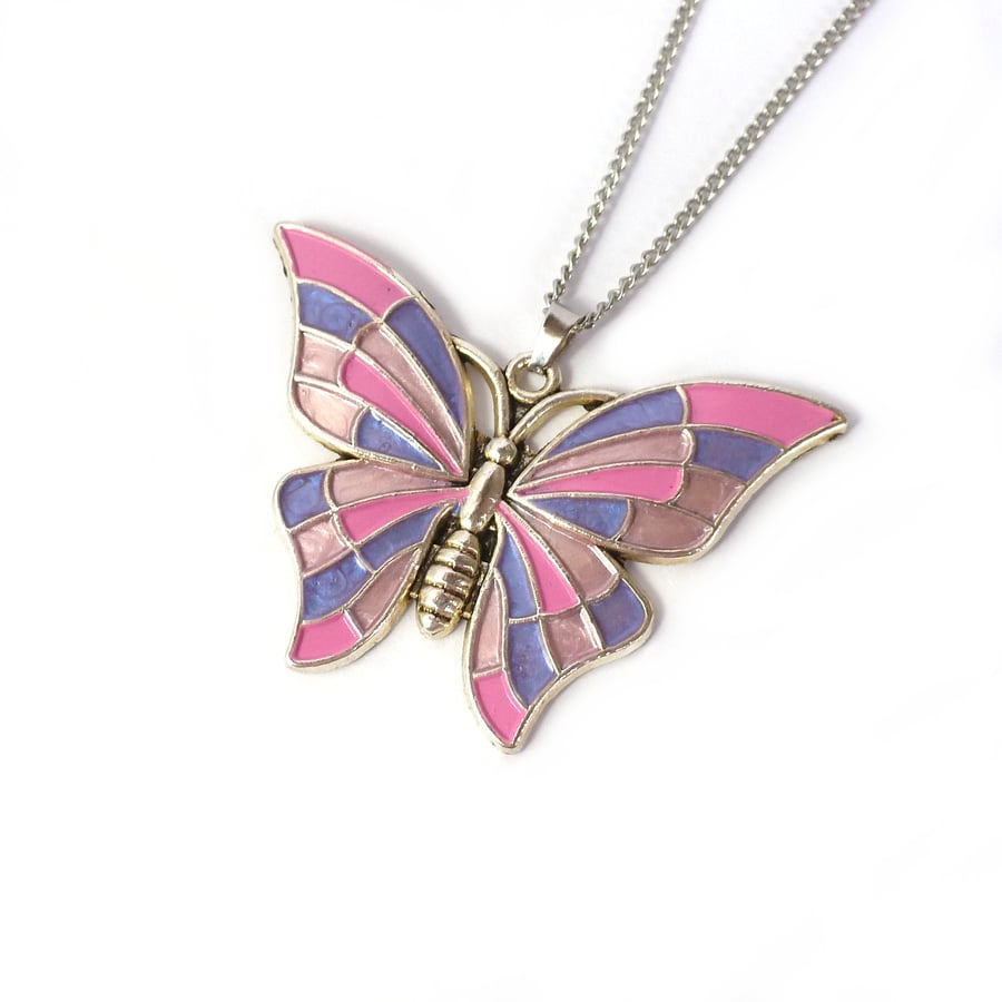 Pink butterfly necklace, with lilac and rose gold, handpainted pendant