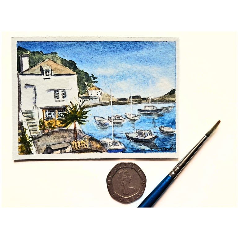 Original ACEO Watercolour Miniature Painting, The Warren, Polperro, Cornwall