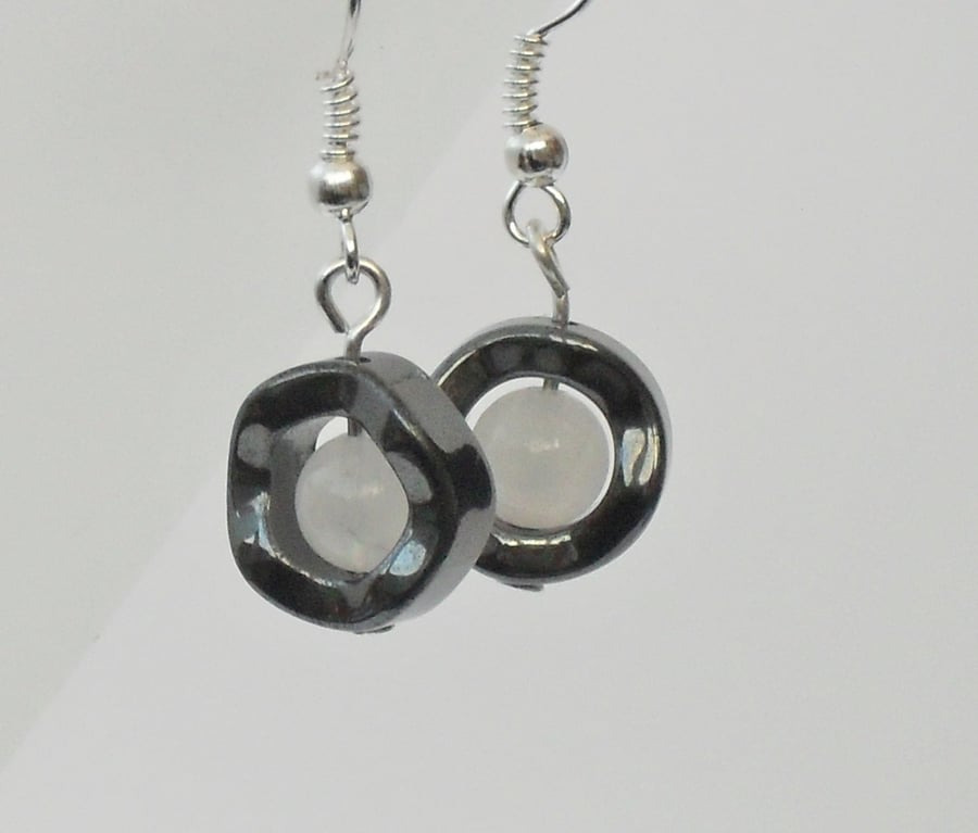White jade and hematite earrings