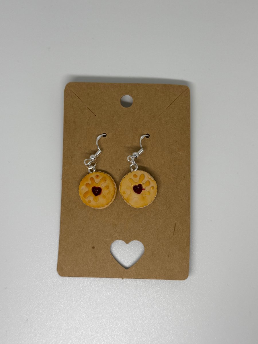 Image of Polymer clay jammy heart biscuit dangly earrings