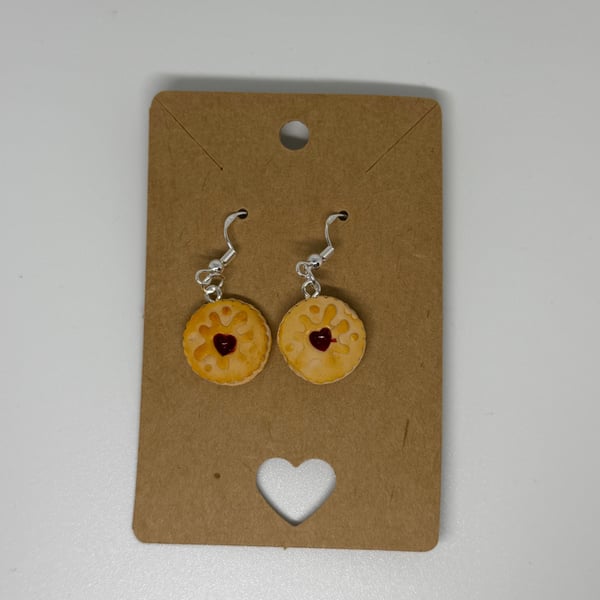 Polymer clay jammy heart biscuit dangly earrings