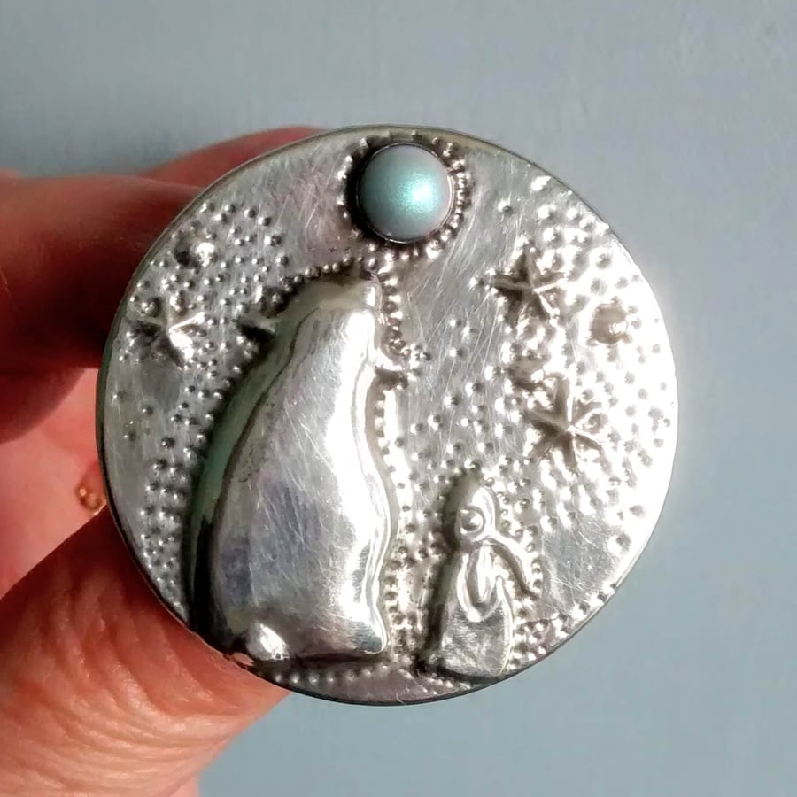 Hare and Bear Brooch with Swarovski Pearl Moon