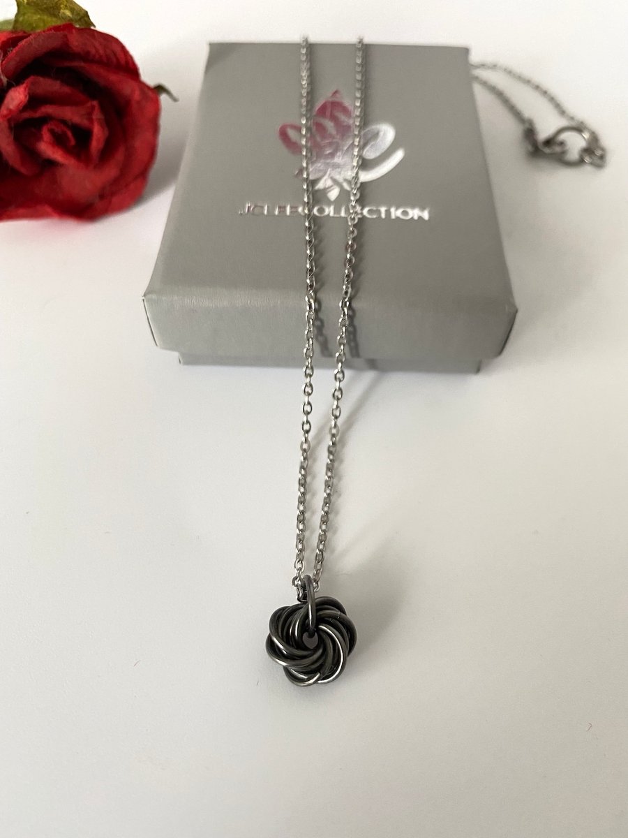 Antique Black Pure Iron Rosette Swirl Pendant Necklace 6th Anniversary Gift Idea
