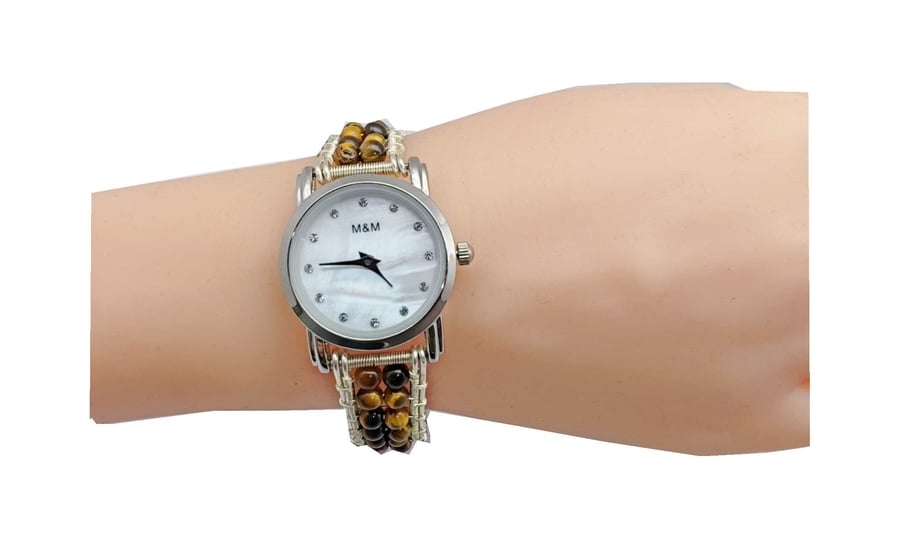 Tiger's eye Gemstone Bracelet Watch Beaded Wrist Watch Personalized Gifts Women'