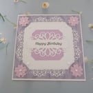 Luxury Birthday Card Purple, Lilac  & White with Flowers & White Pearls