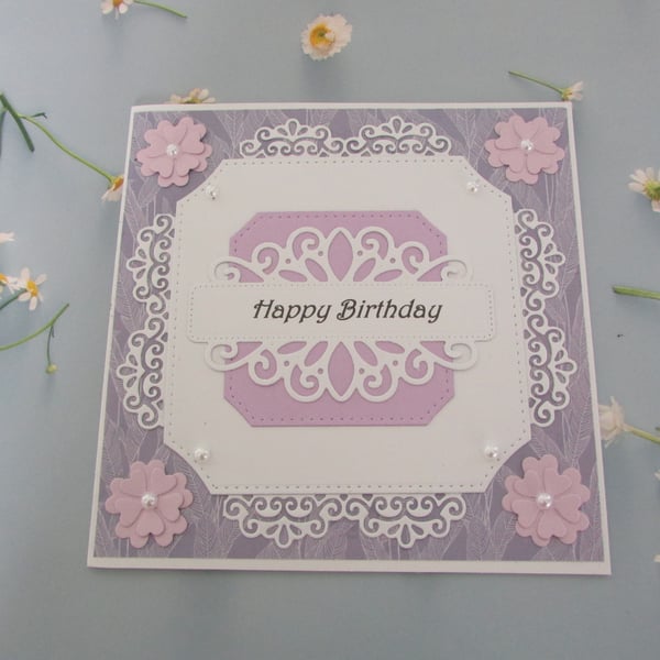 Luxury Birthday Card Purple, Lilac  & White with Flowers & White Pearls