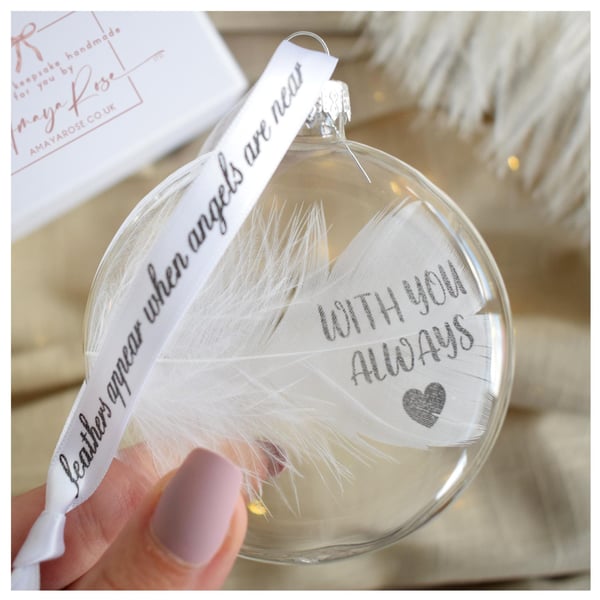 With You Always Memorial Round Feather Bauble, Round Glass Christmas Ornament, R