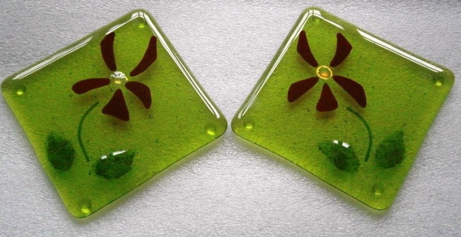 Pair of pretty green fused glass coasters