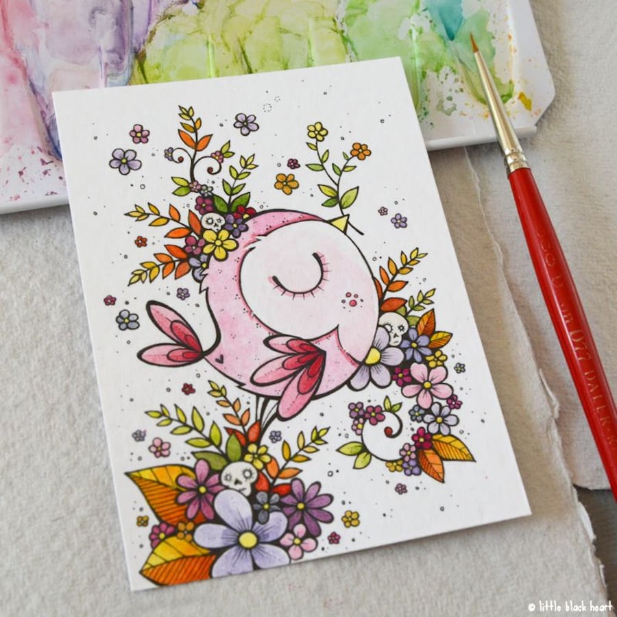 autumn blooms bird (pink) - original aceo