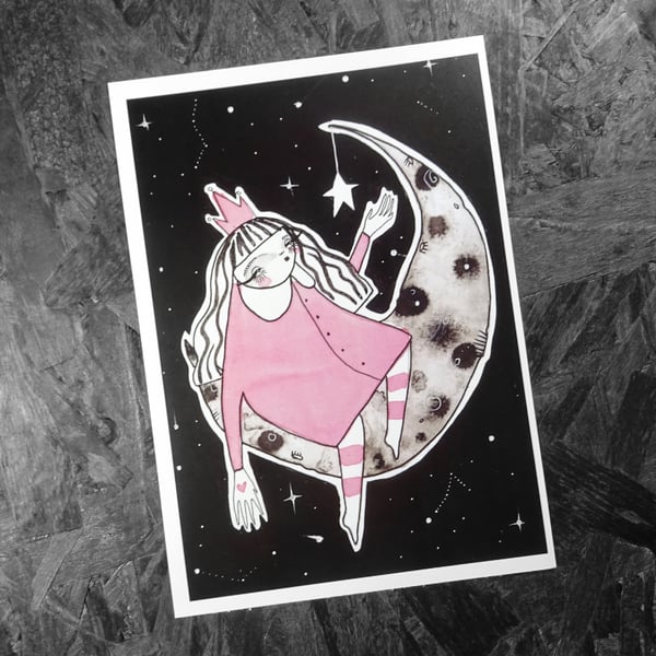 Moon girl in pink- Small Poster Print