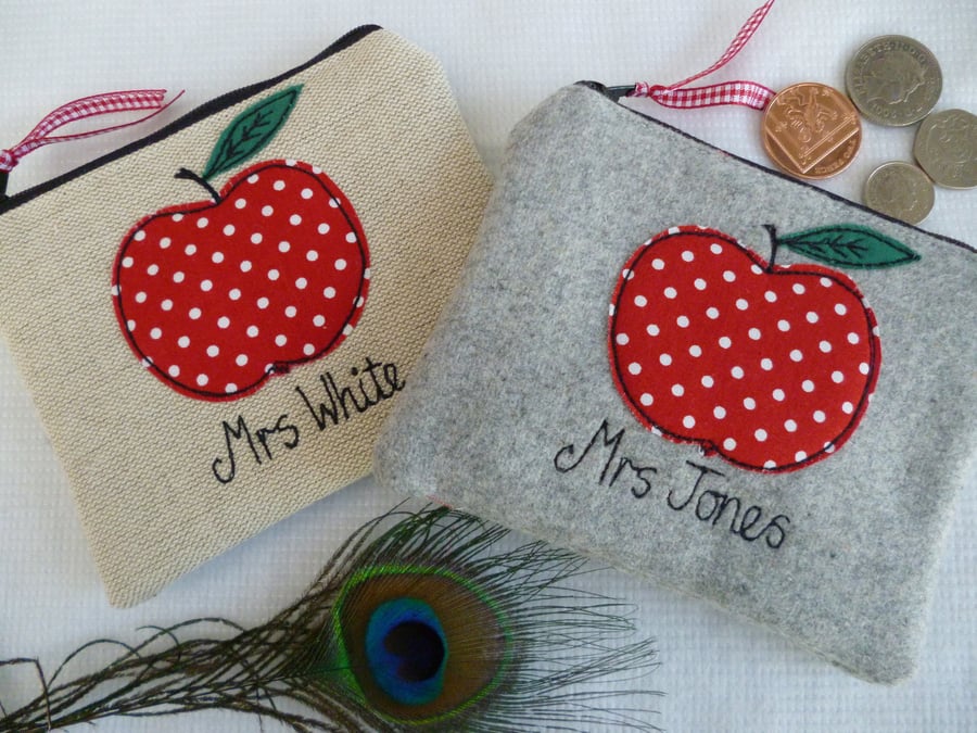 Teacher Gift Coin Purse - Personalised Grey or Linen Wallet with Red Dot Apple
