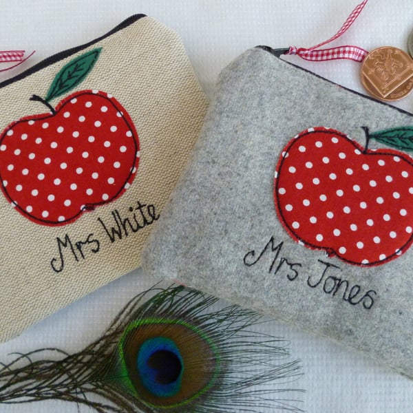 Teacher Gift Coin Purse - Personalised Grey or Linen Wallet with Red Dot Apple