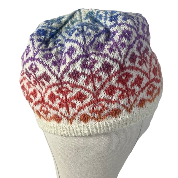 stranded hat with a colourful clouds pattern Norwegian rainbow beret, slouchy 