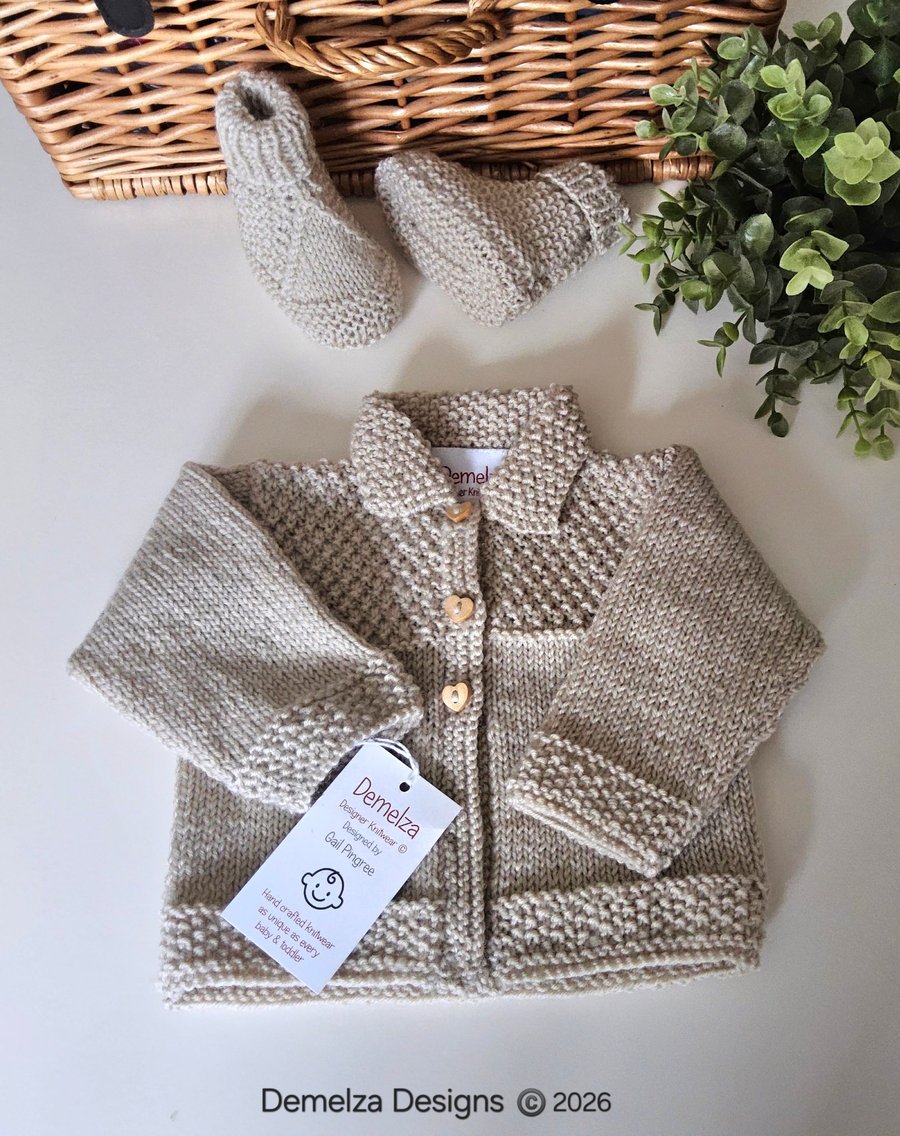 Designer Merino Wool Hand Knitted Baby Jacket & Matching Booties Set 0-3 months 